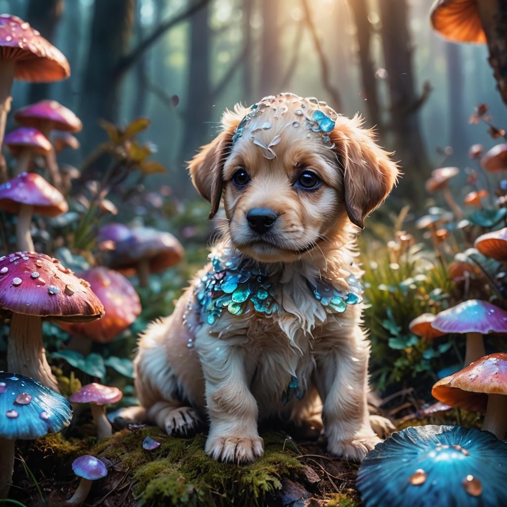 Dreamy Puppy Portrait in Fantasy Setting