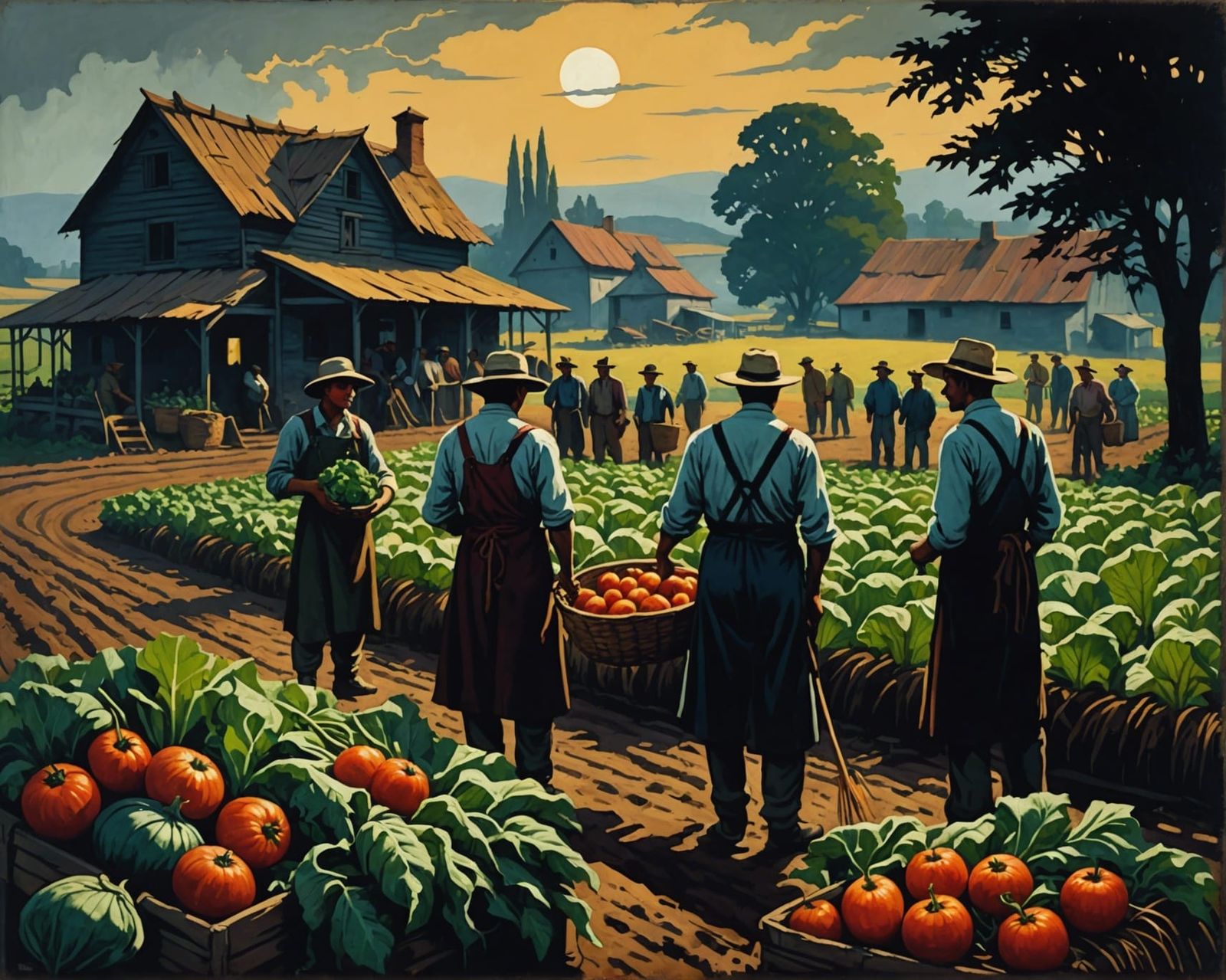 Villagers Harvest at Farm in Noir Style