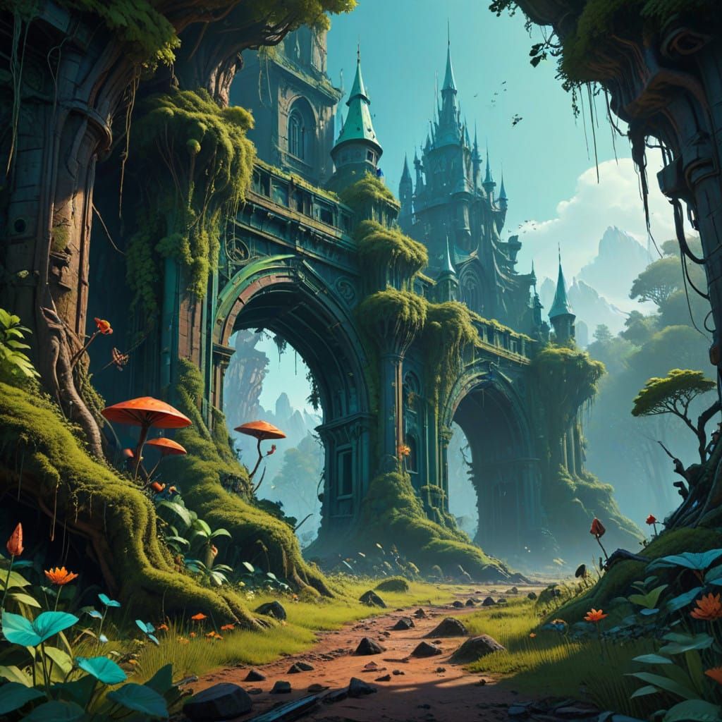 Surreal Forest Realm with Towering Spires and Iridescent Flo...