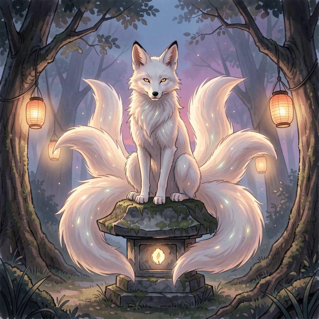 Nine-Tailed Kitsune on Shrine at Twilight in Japanese Forest
