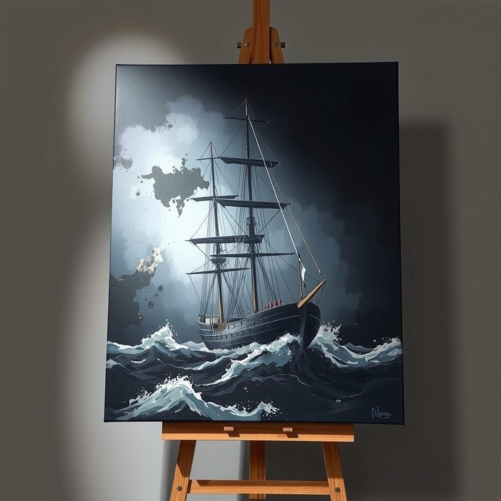 Black Schooner Stormy Sea Painting in Grunge Style