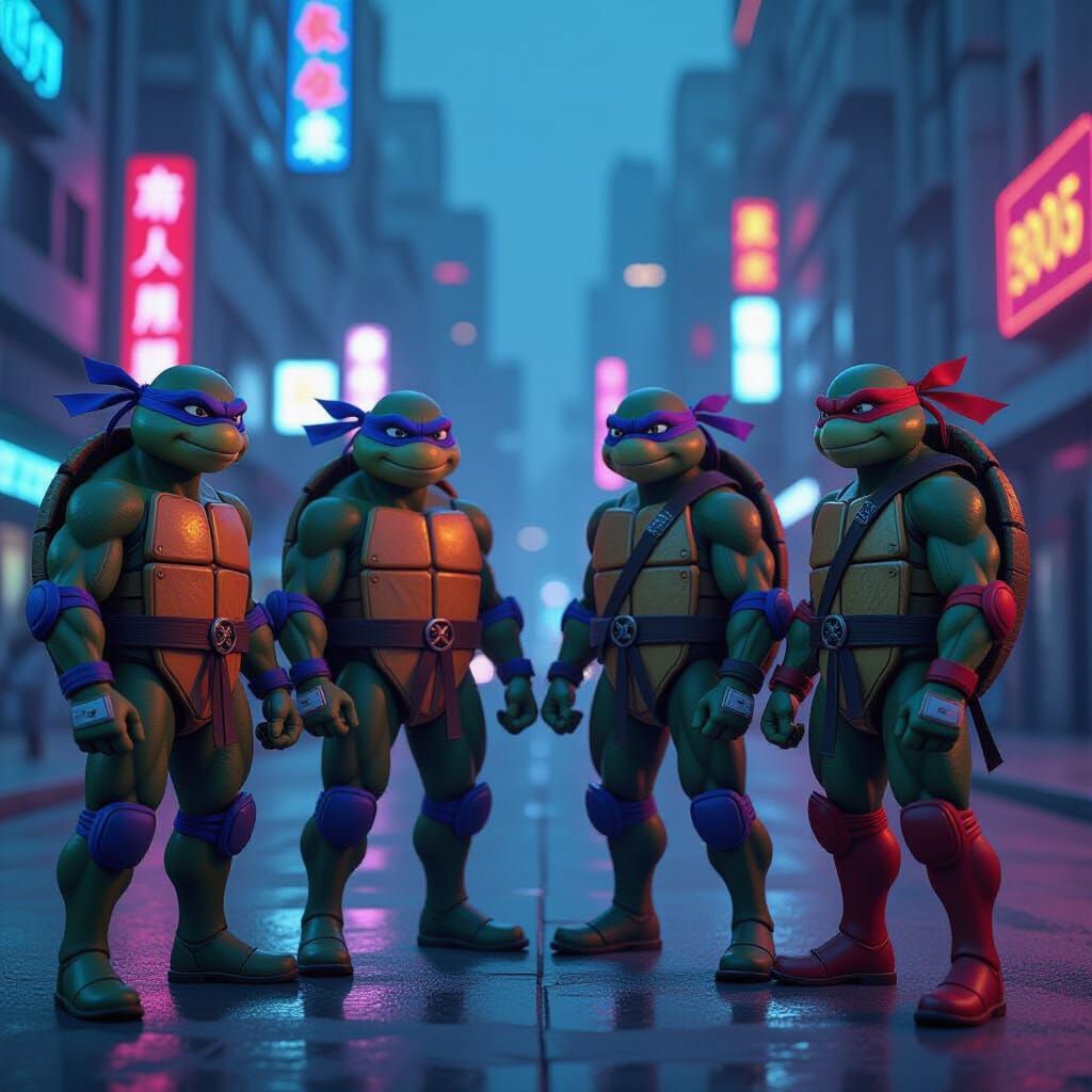 TMNT in 2099: Futuristic Cityscape in Epic 3D Game Style
