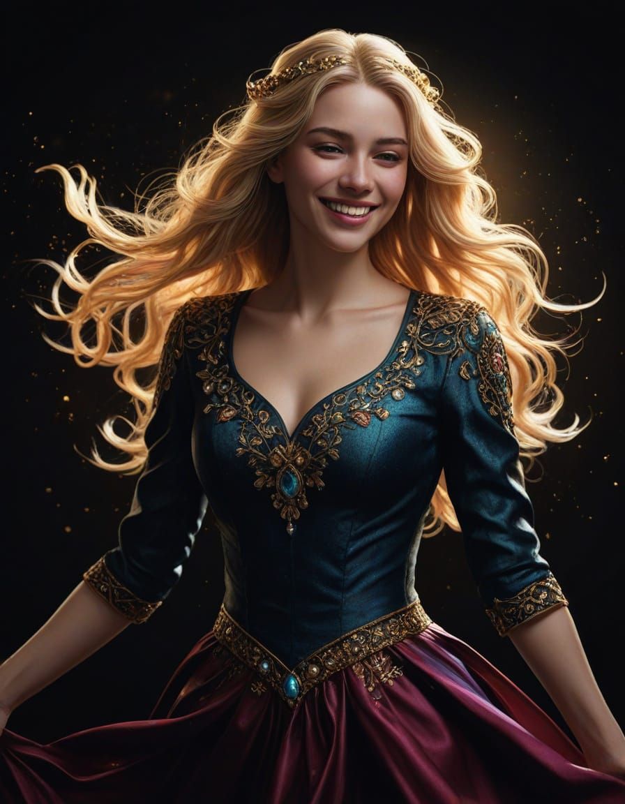 Medieval Blonde Woman Posing in Rich Jewel Tones