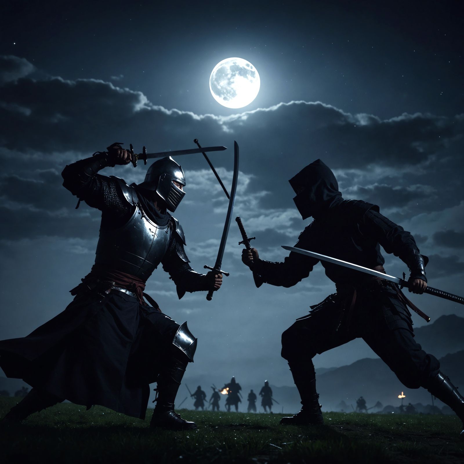Knight Versus Ninja in Moonlight Battle