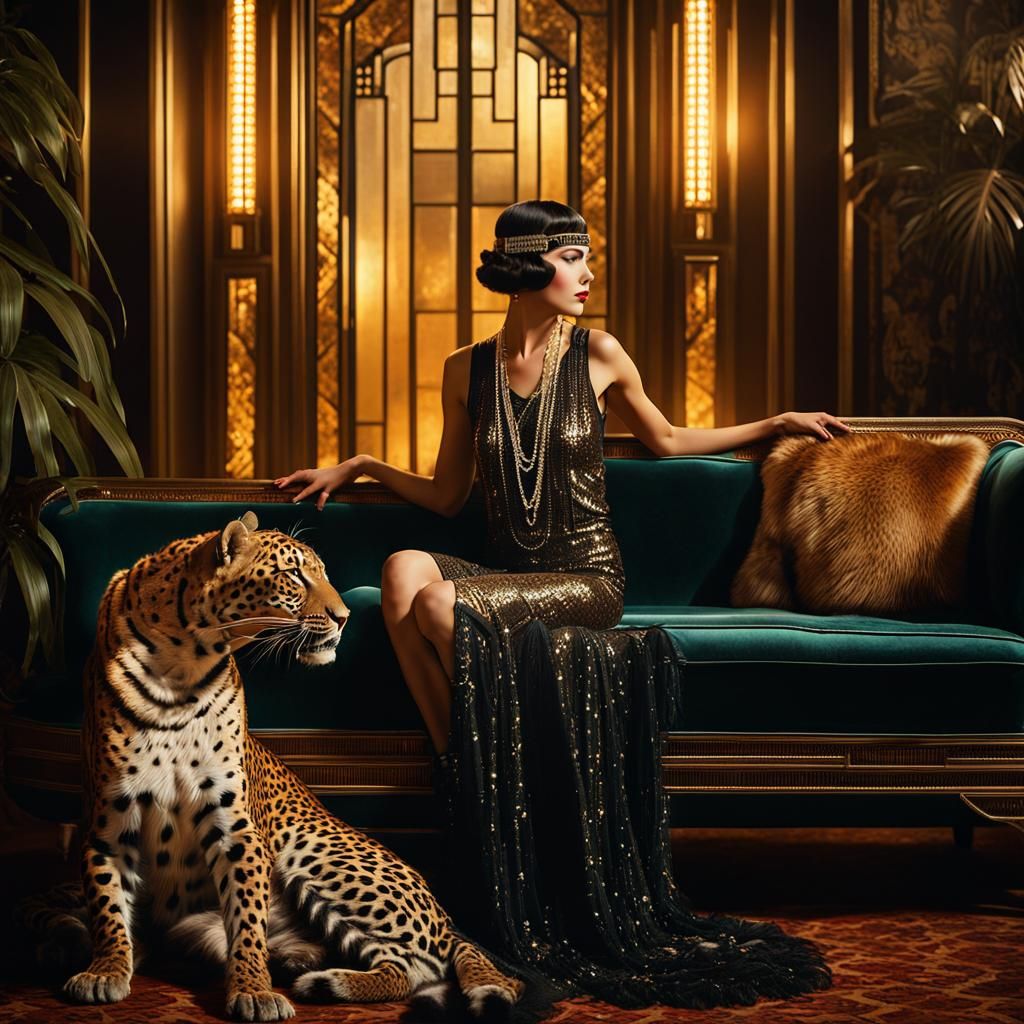 Elegant Flapper and Leopard in Art Deco Style