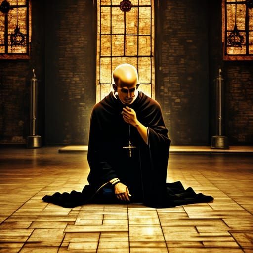 Christian Monk in Humble Prayer, Brushed Charcoal Art