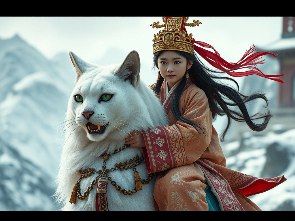 Hanfu Girl on Giant Cat in Snowy China Landscape