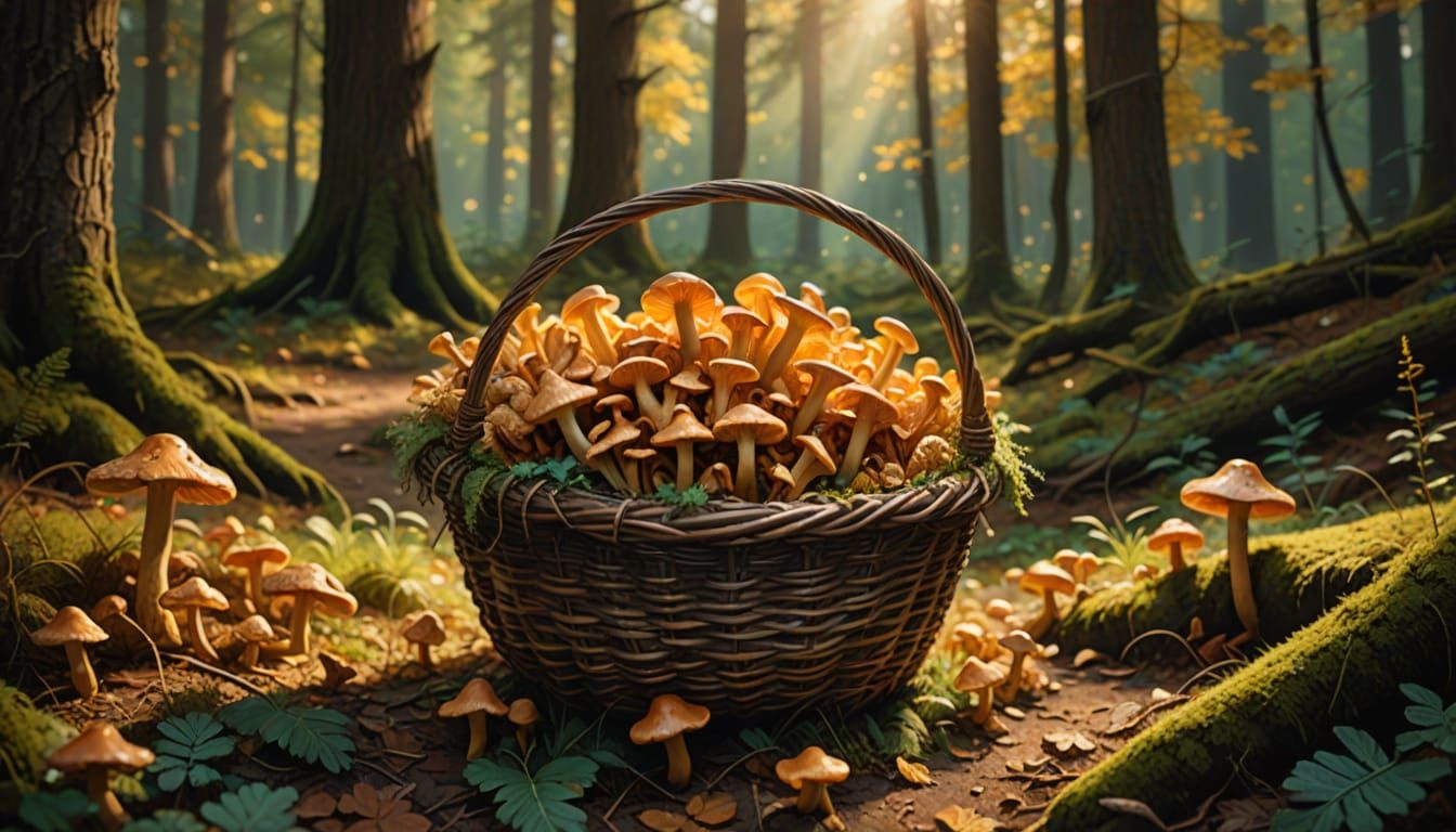 Dwarf and Chanterelle Basket in Sun-Dappled Forest