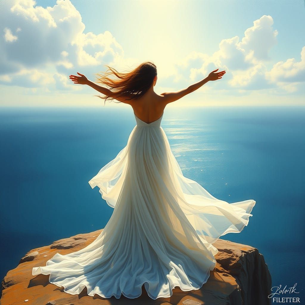 Woman on Windswept Cliff in Dreamy, Ethereal Landscape