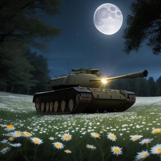 Moonlit Daisy Meadow with Tanks: Surreal Juxtaposition