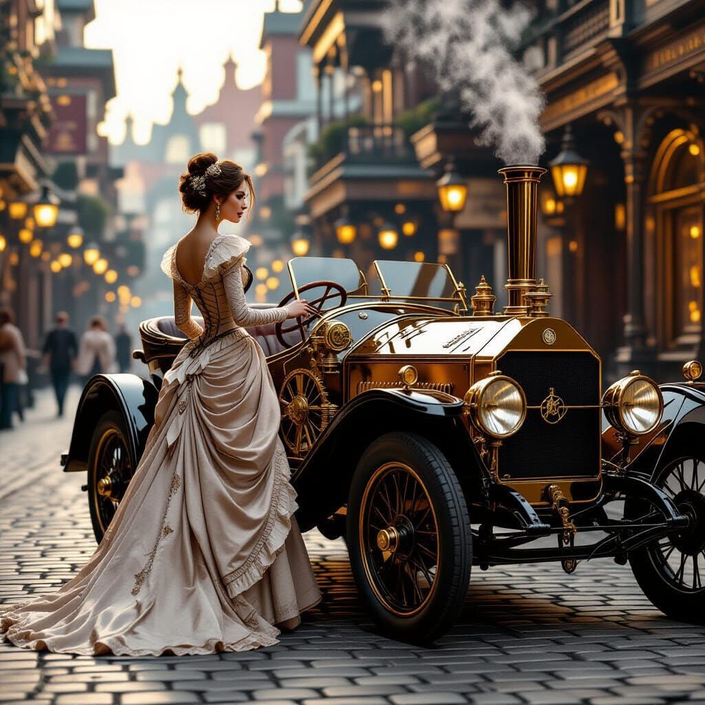 Steampunk Woman Beside Brass Automobile in Victorian City