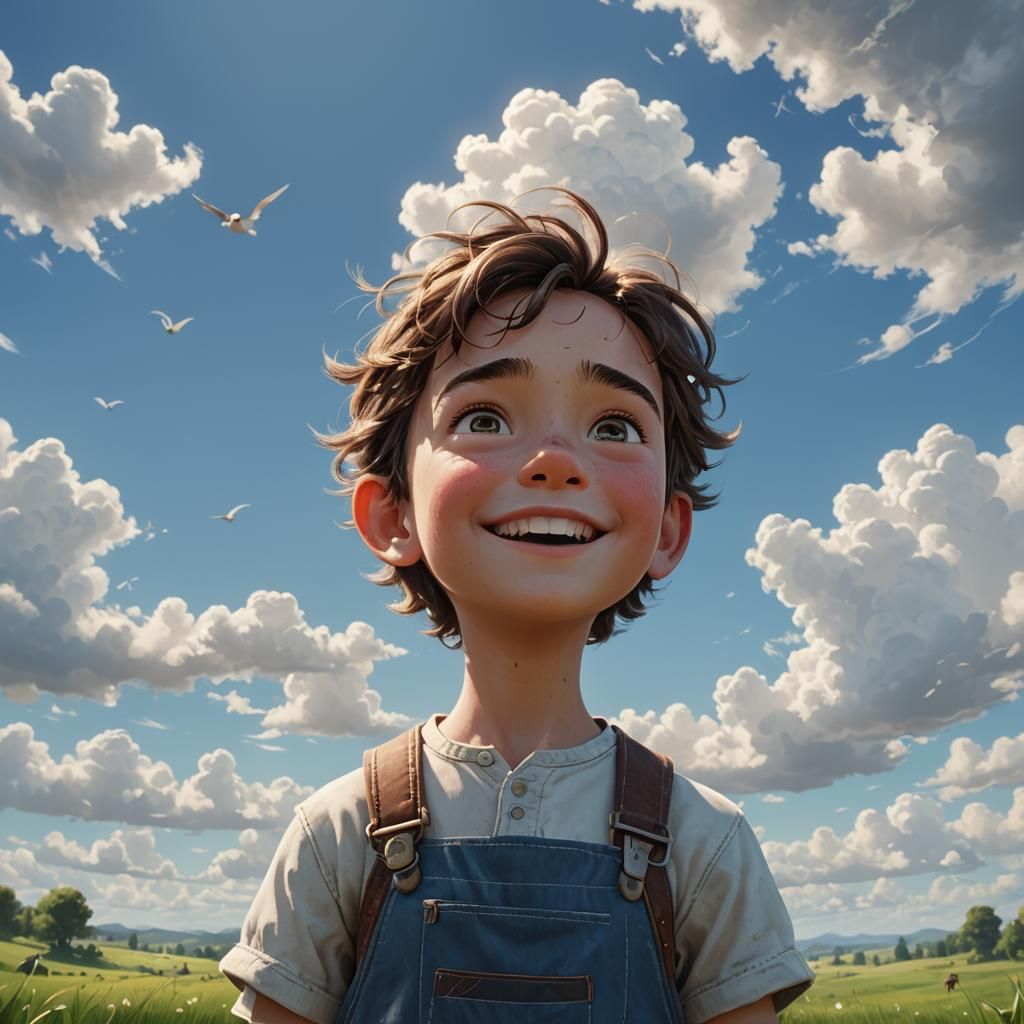 Happy Child in Pasture, Pixar Style Rendering