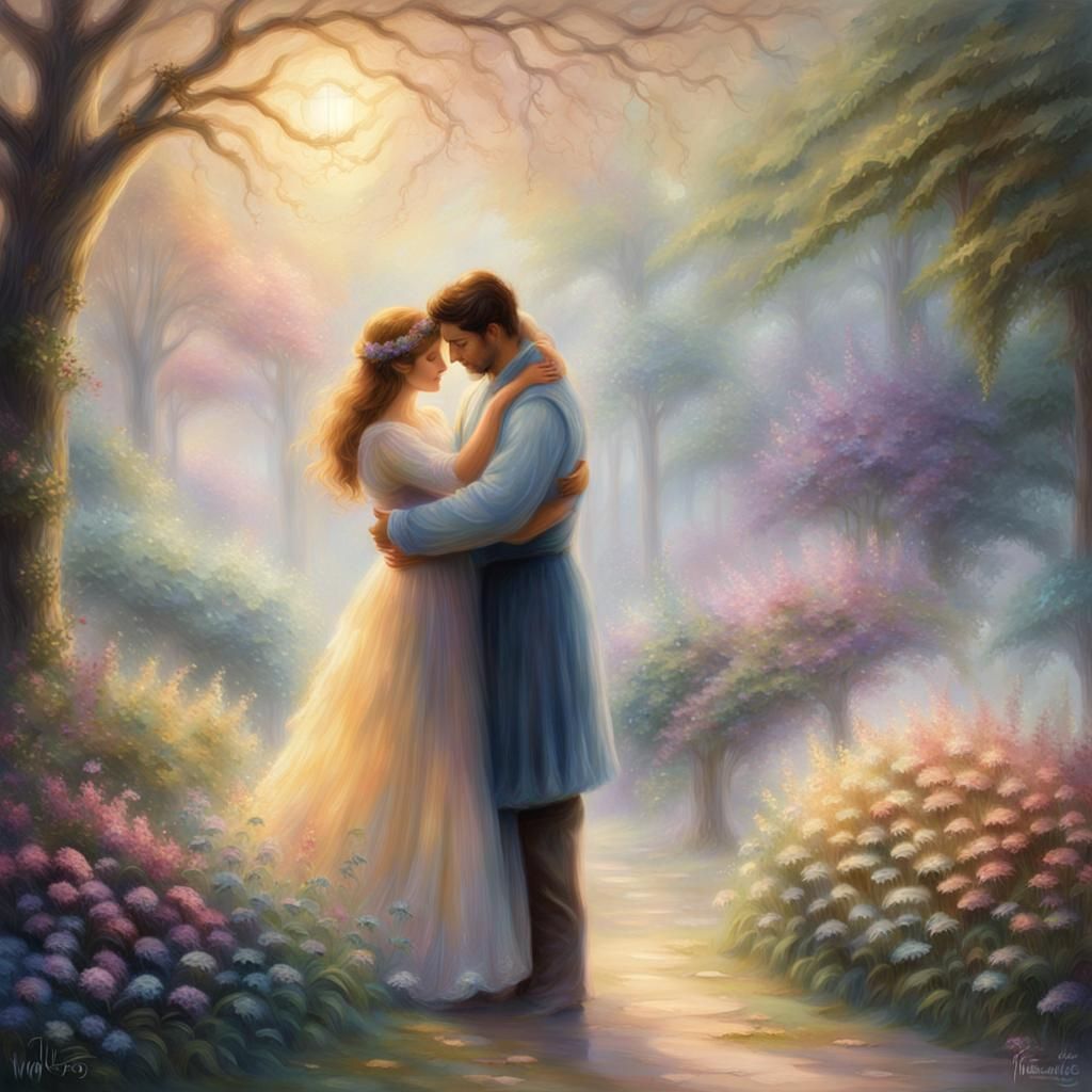 Lovers Embrace in Ethereal Garden, Romantic Realism