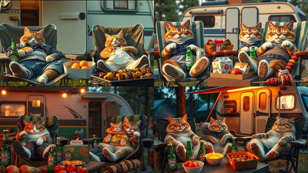 Cats Relaxing at Campsite in Casual Clothing
