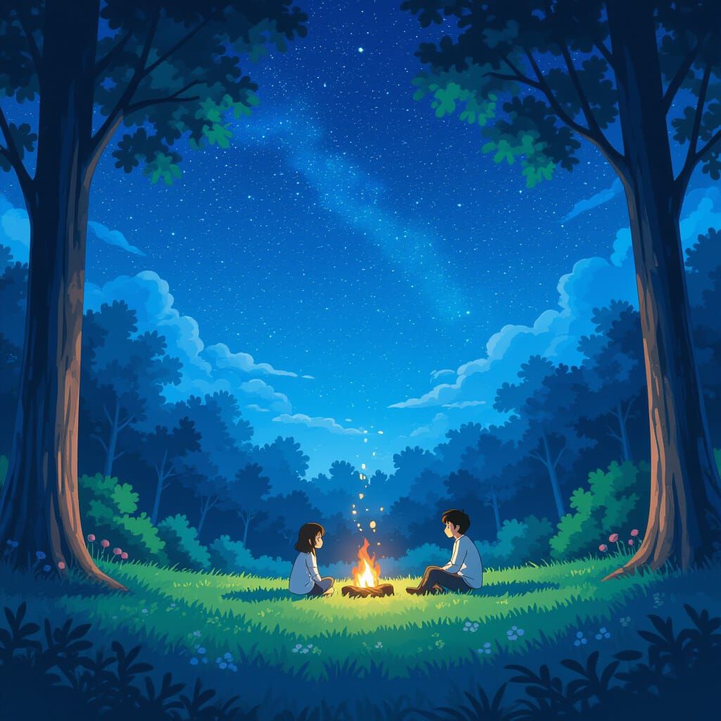 Anime Woodland Scene Under Starry Sky in 90s Style