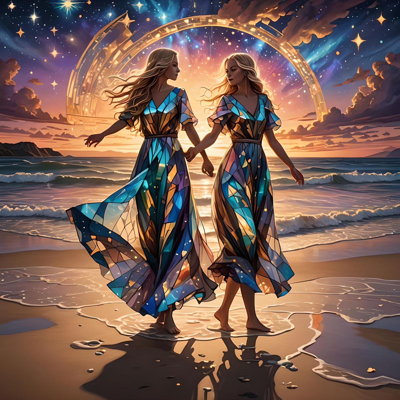 Sunset Beach Dance: Holographic Water and Stained Glass