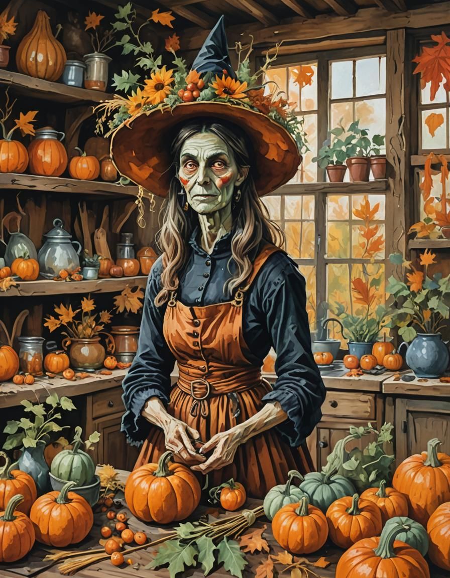 Folk Art Witch in Autumn Kitchen, Gouache Style