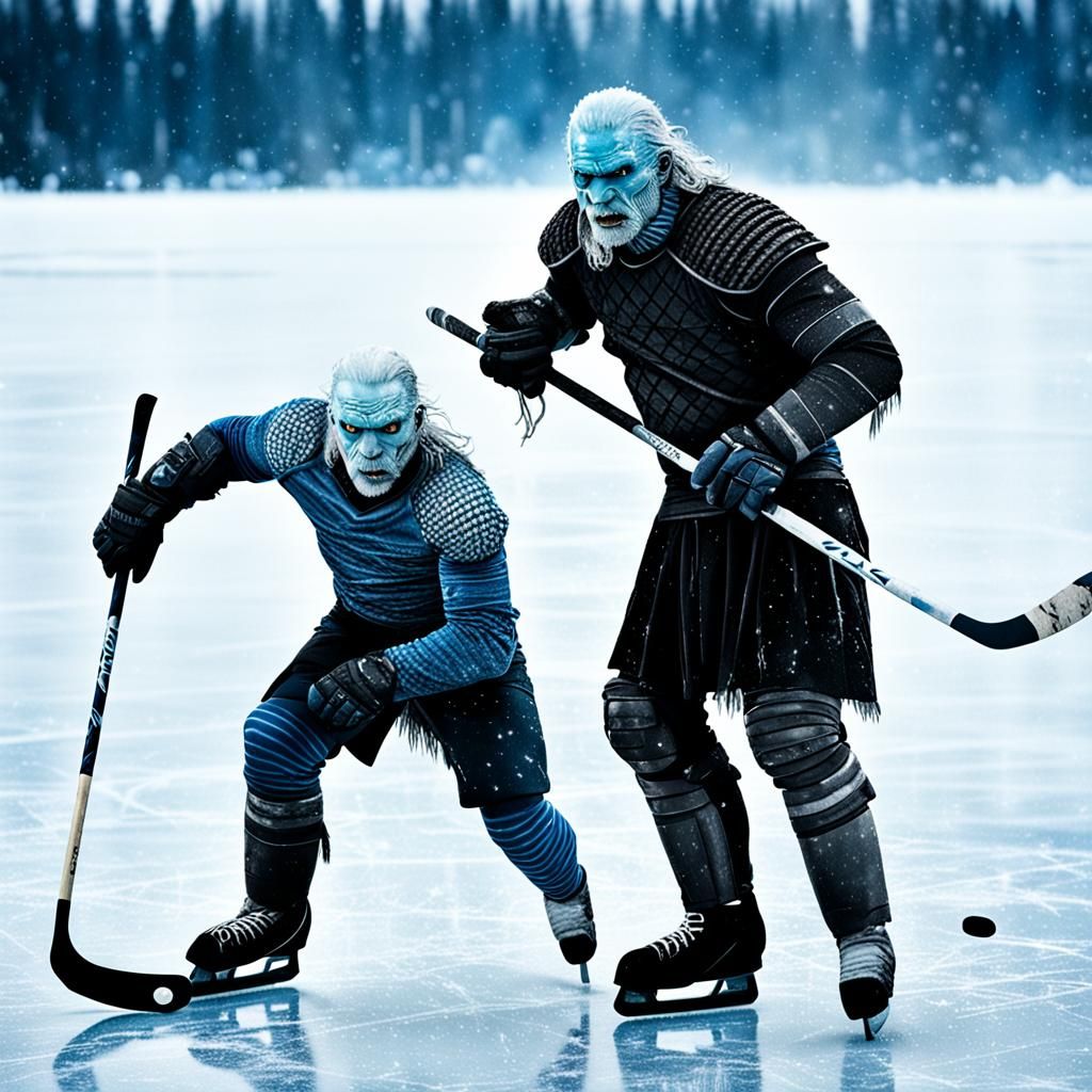 White Walker Plays Hockey on Frozen Lake
