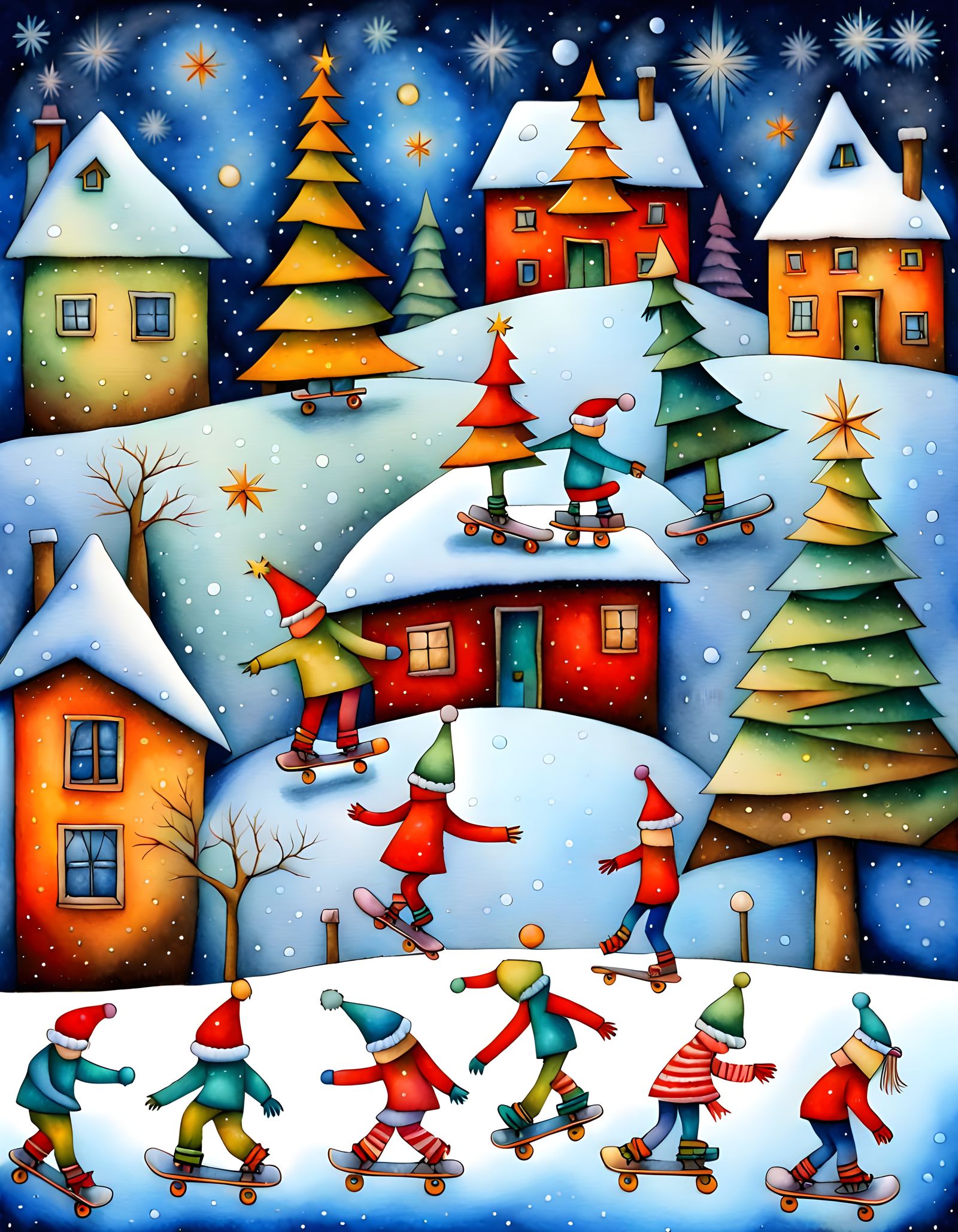 Festive Christmas Skaters in Cubist Aquarelle Style