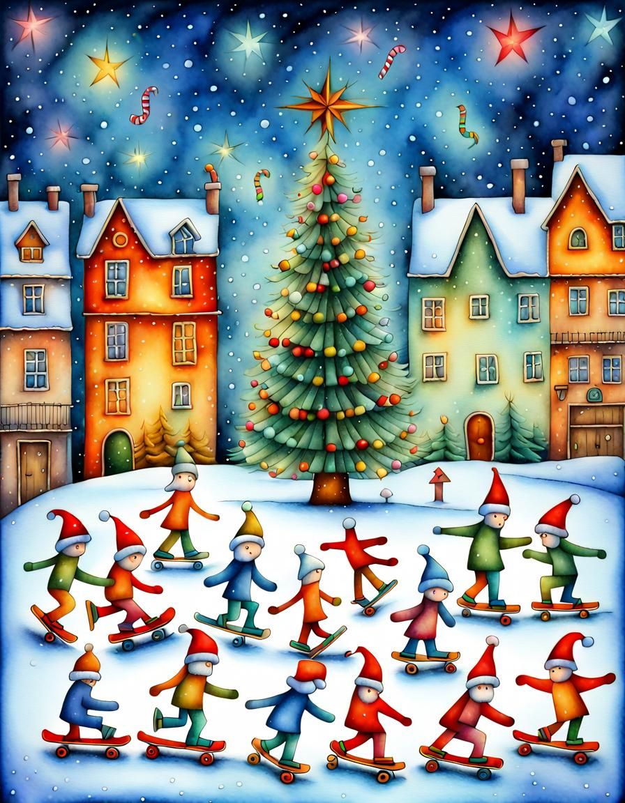 Christmas Cubist Celebration in Whimsical Aquarelle Colors