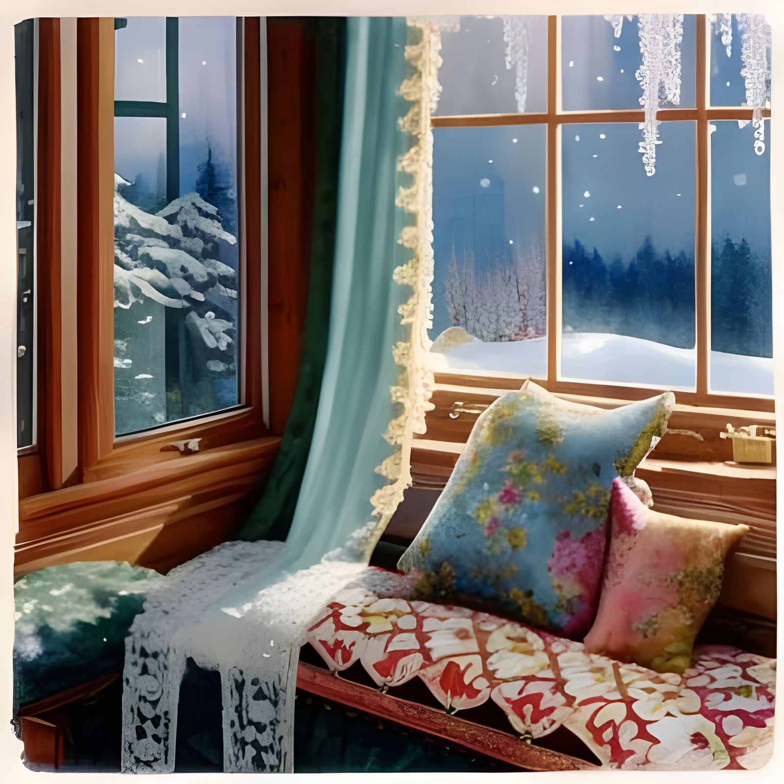 Cozy Winter Window Seat in Impressionist Gouache Style
