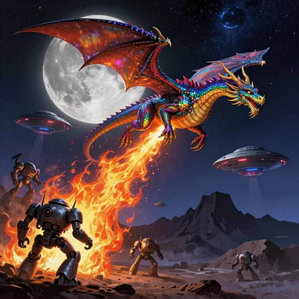 Rainbow Dragon Fights UFOs and Robots Over Moonscape