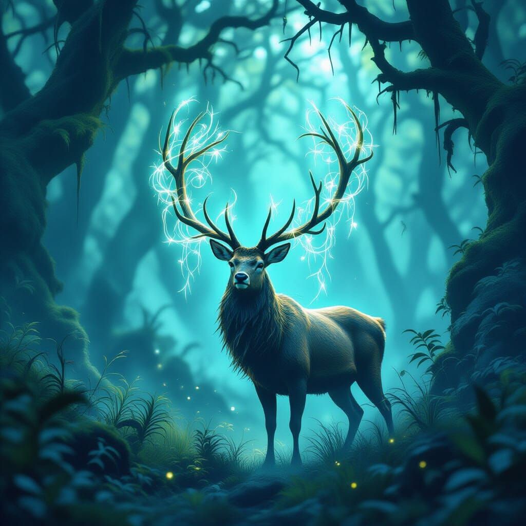 Majestic Stag in Misty Forest with Glowing Vines