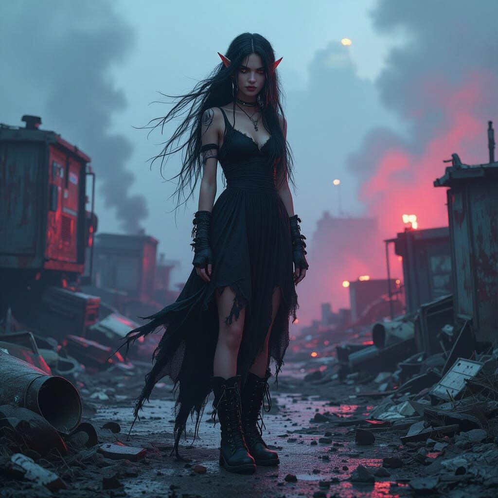 Trashpunk Elf in Junkyard, Digital Art