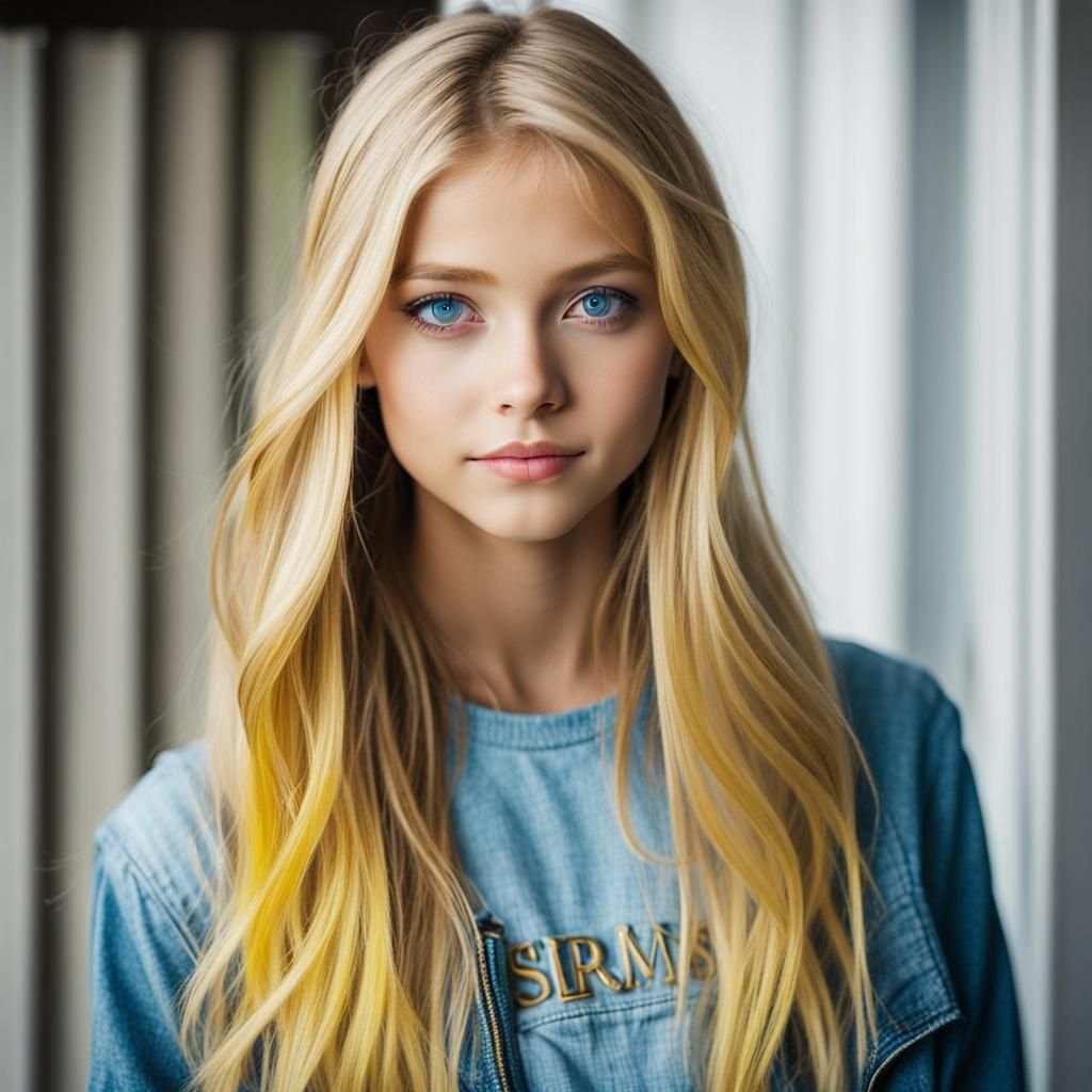 Blonde Girl with Yellow Highlights and Blue Eyes