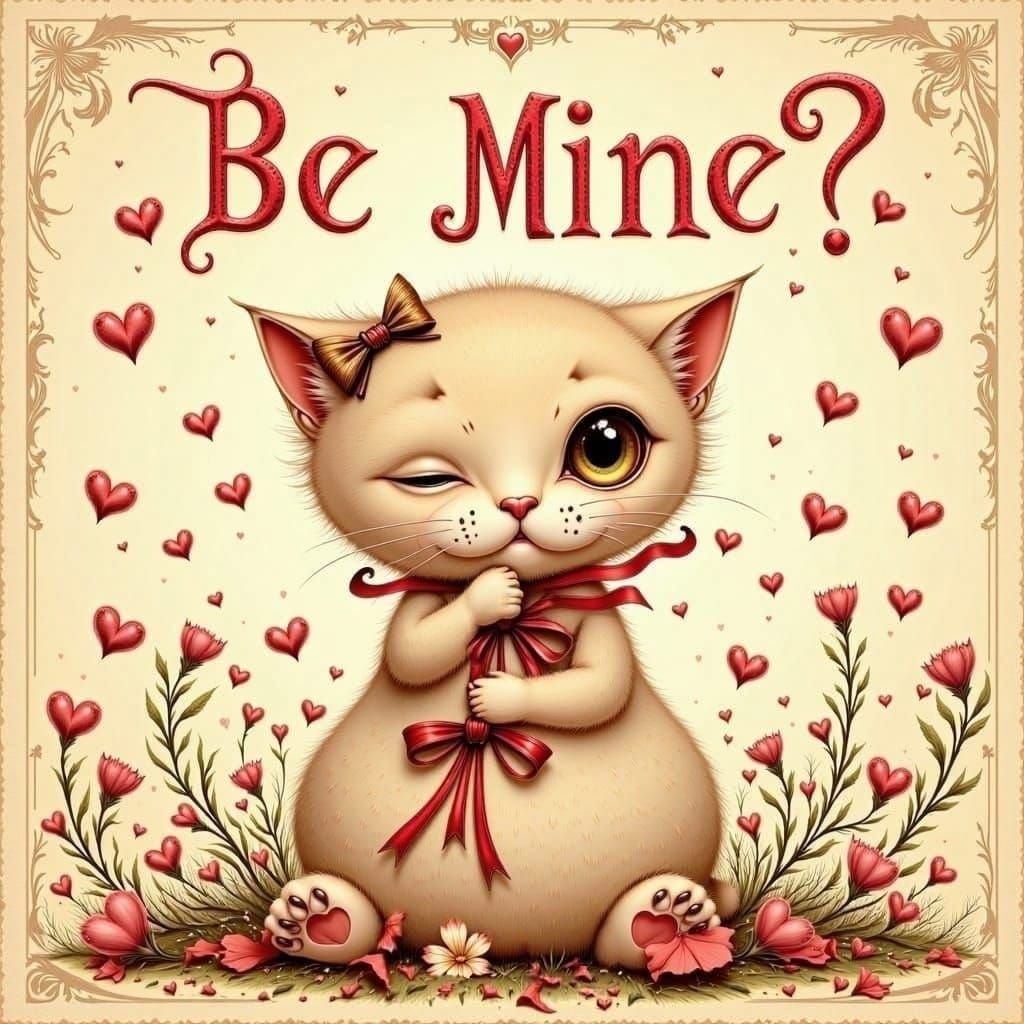 Love Kitty in Red Ribbon Font with Hearts