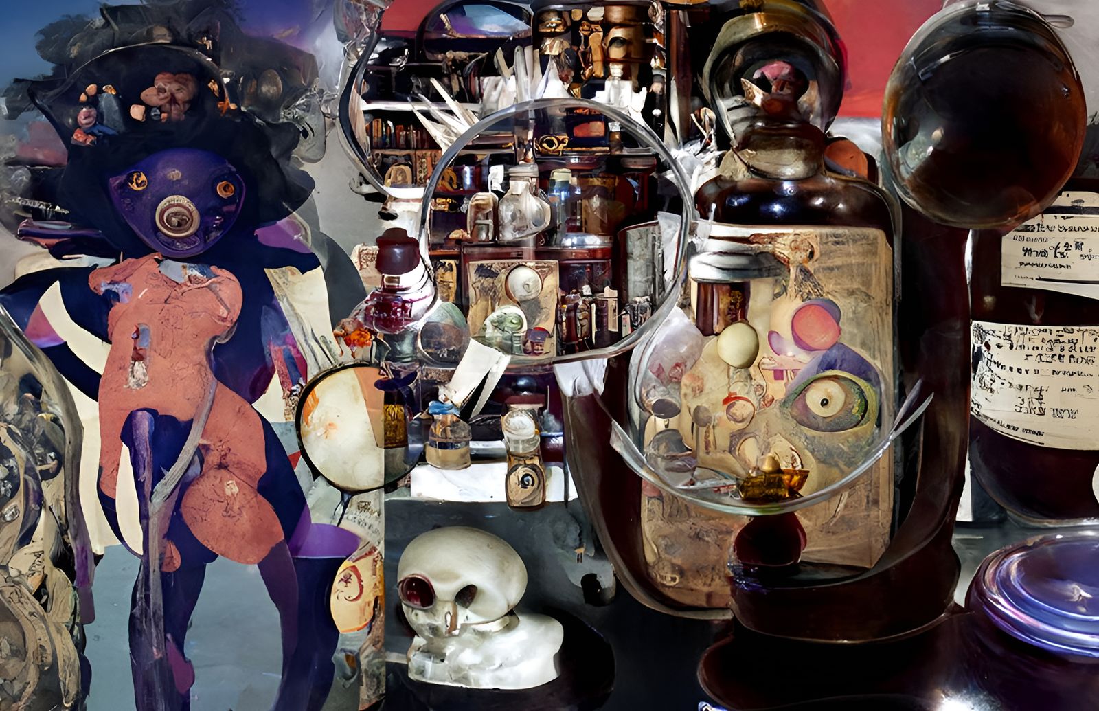 Biopunk Apothecary Scene in Surreal Kaleidoscopic Style