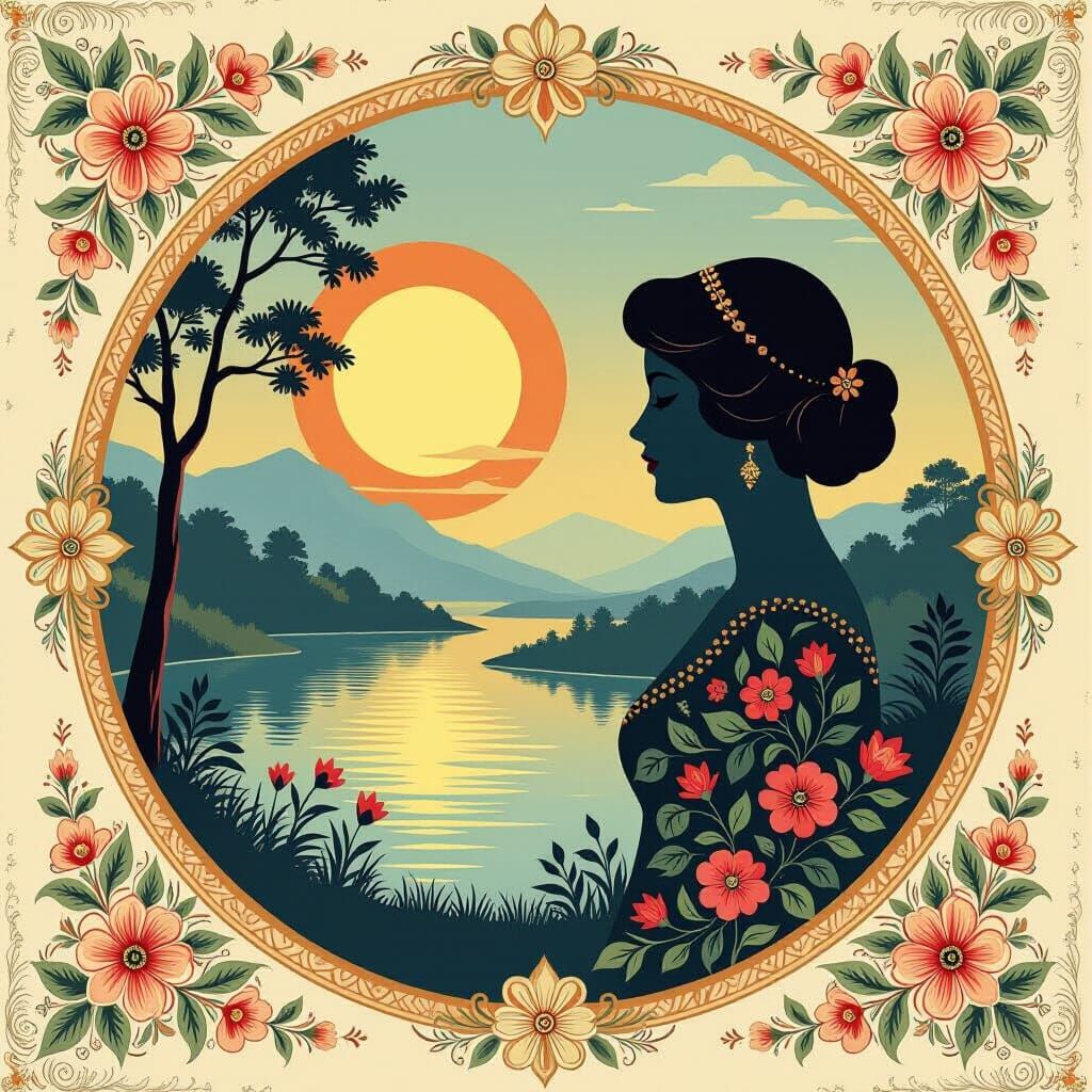 Vintage Riverscape Postcard with Heart Silhouette