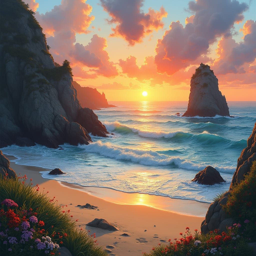 Sunset Seaside Landscape in Impressionist Style