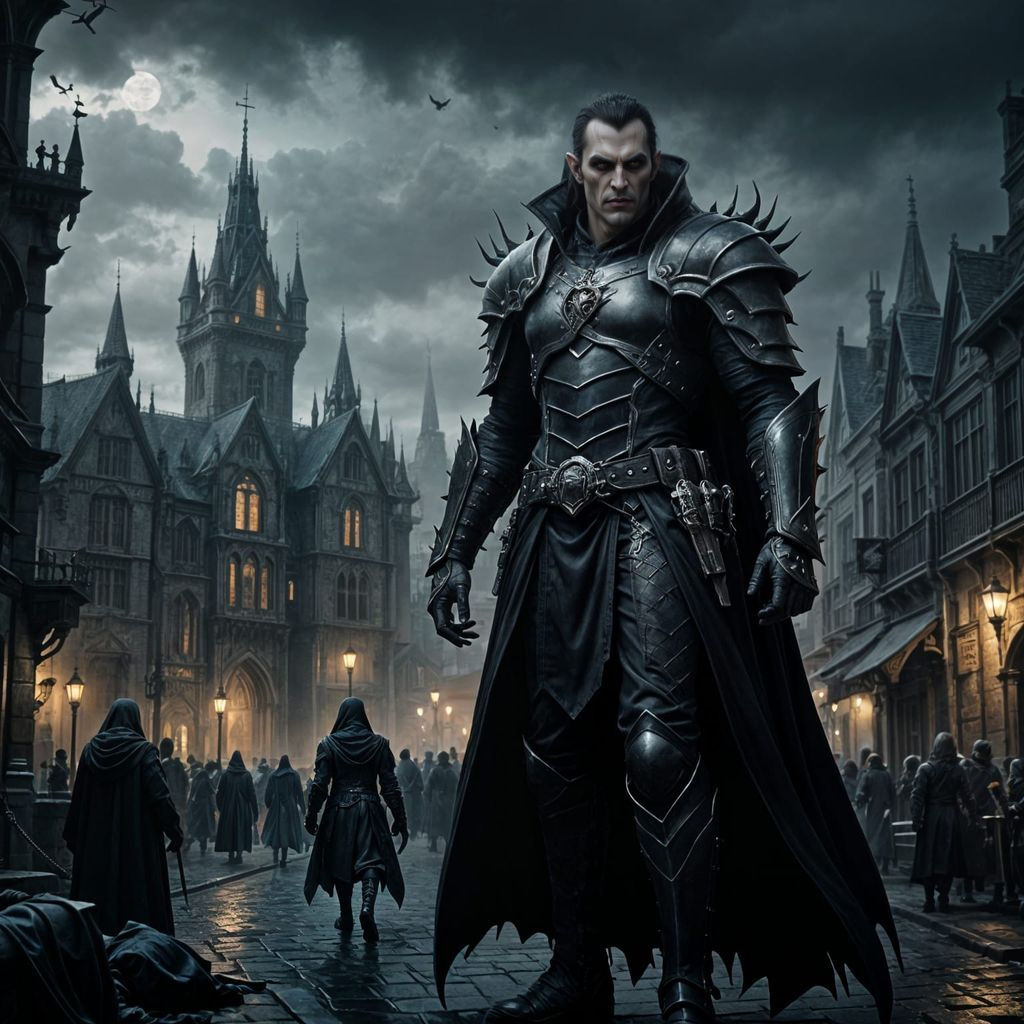 Epic Vampire Cleric in Moody Cityscape