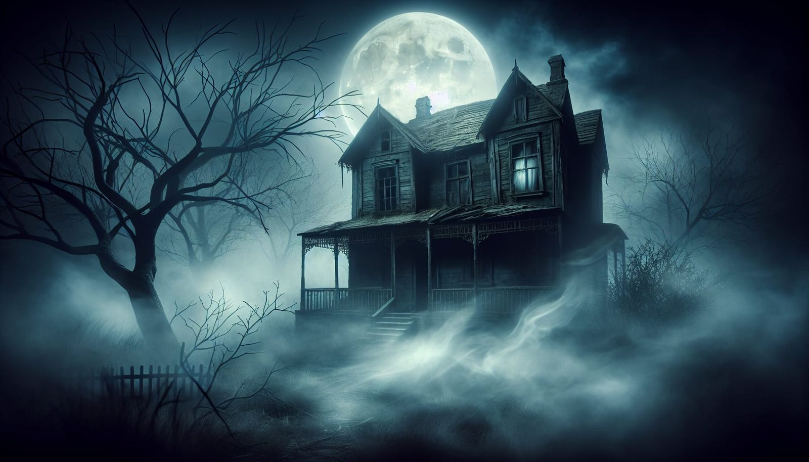 Eerie Dilapidated House in Swirling Fog