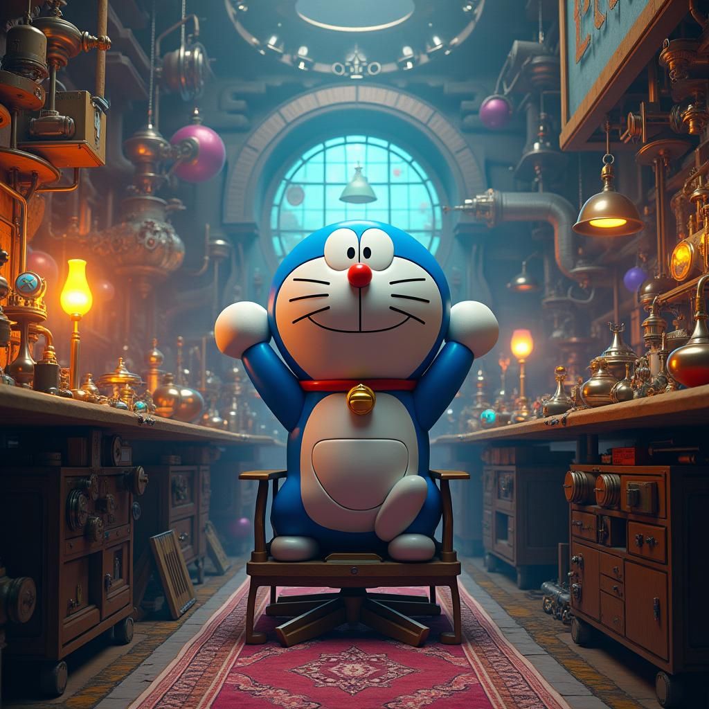 Doraemon in Steampunk Lab: Industrial Futurism Concept Art