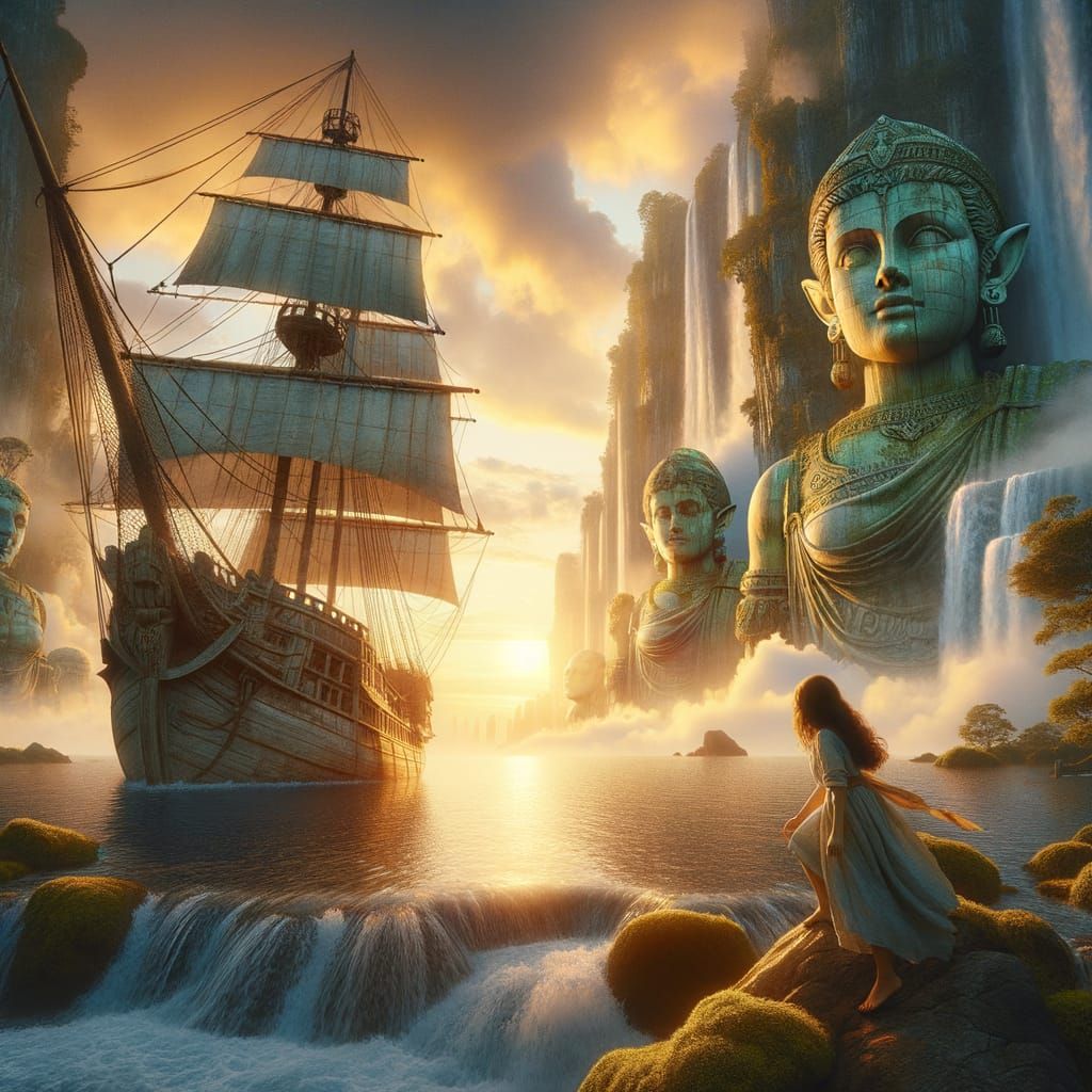 Ethereal Sunset with Mercenary Ship and Elven Statues