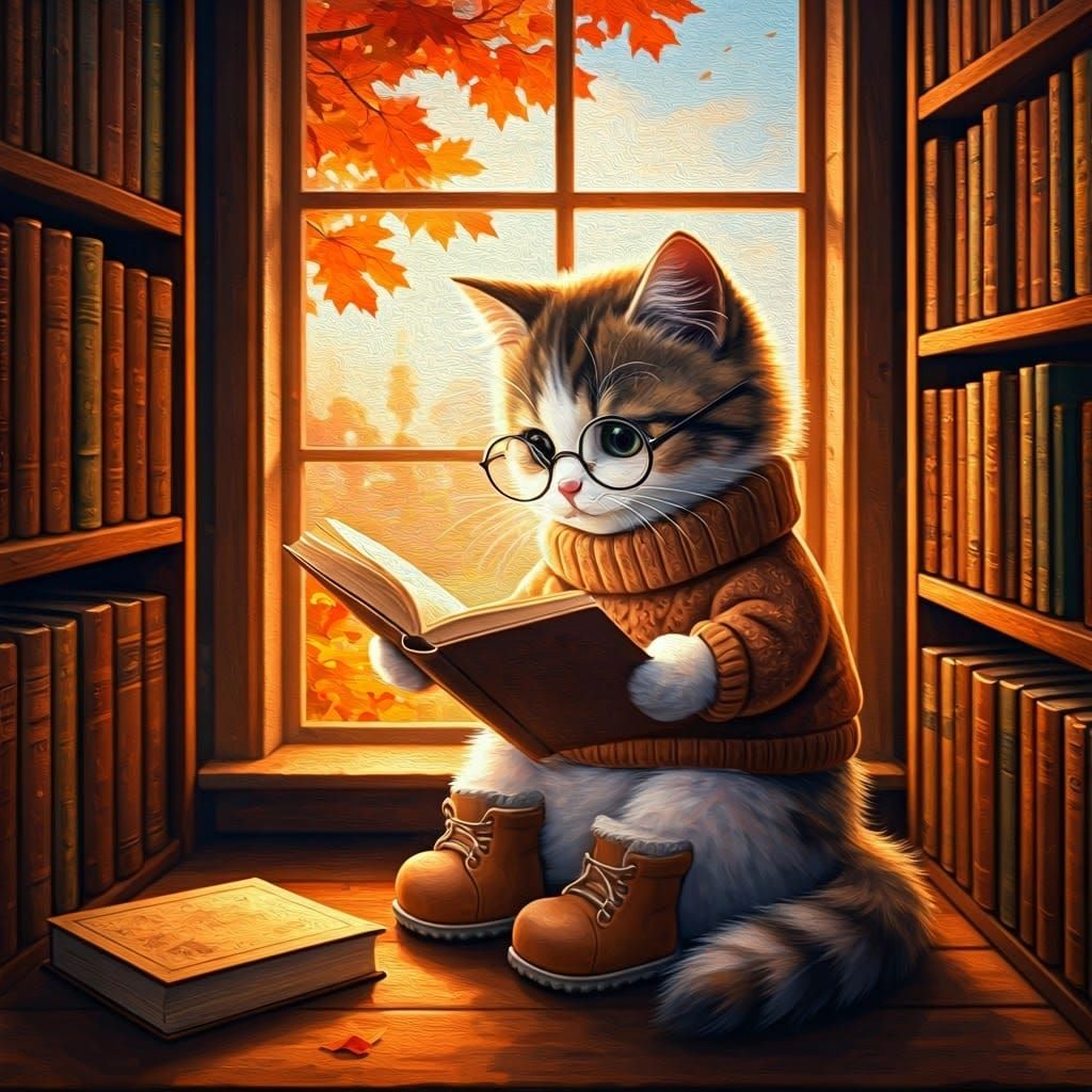 Calico Kitten Reader in Impressionist Autumn Library