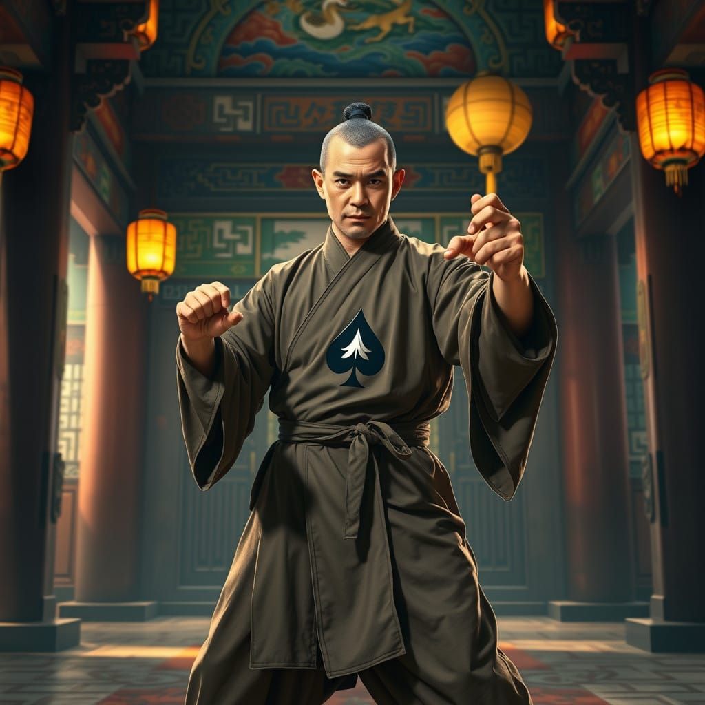 shaolin monk in a martial arts stance in a traditional temple with an ace of spade logo