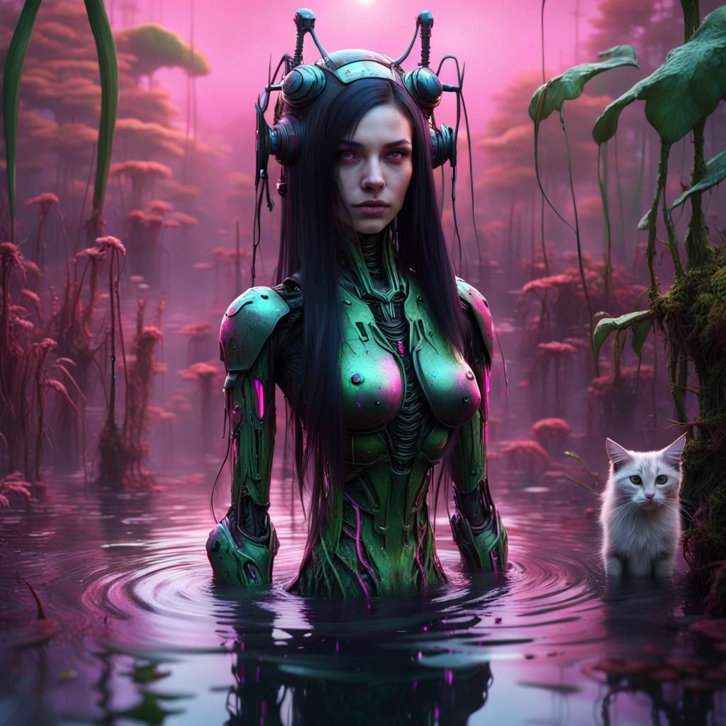 Cybernetic Robot Girl Rises from Swamp in Detailed Matte Pai...