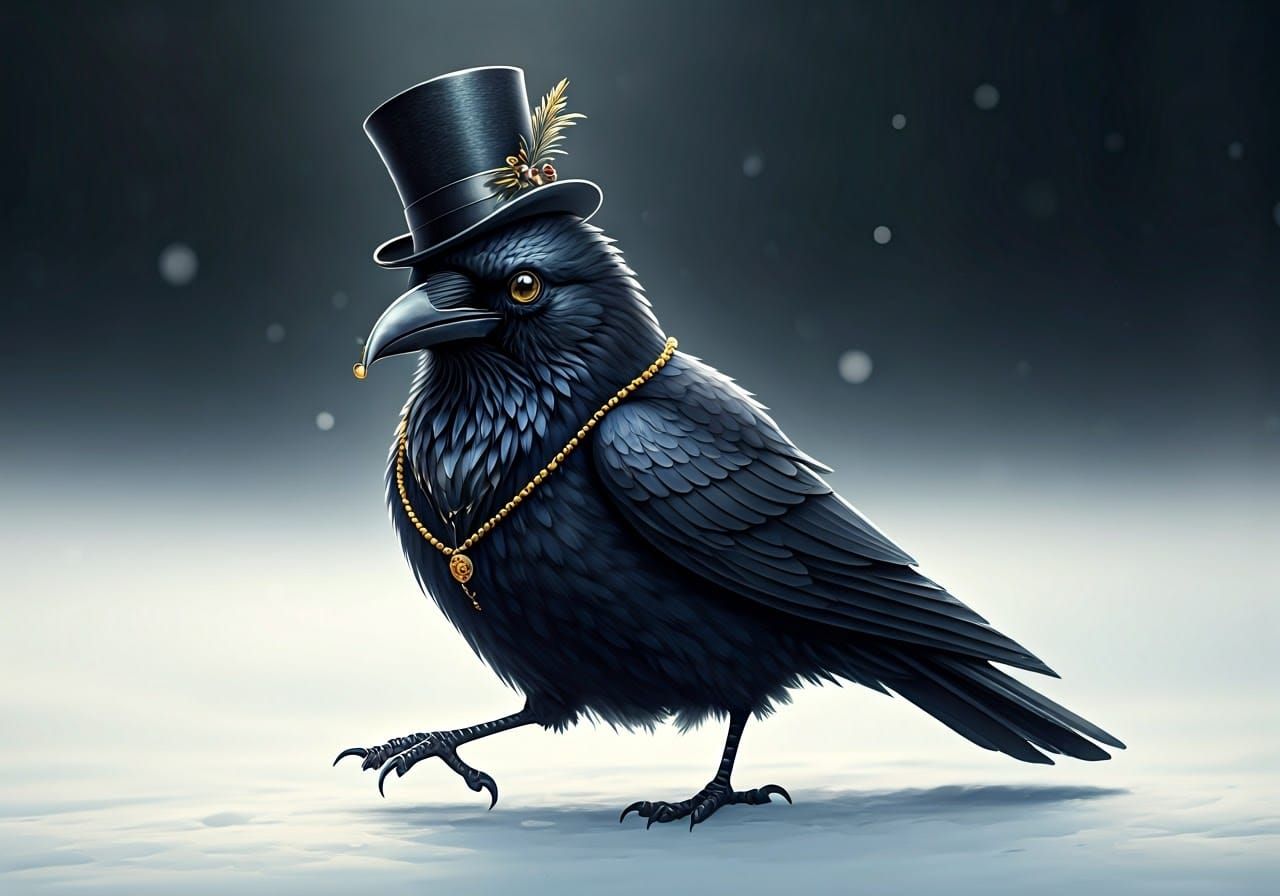 Dapper Crow with Gold Jewelry in Snowy Landscape