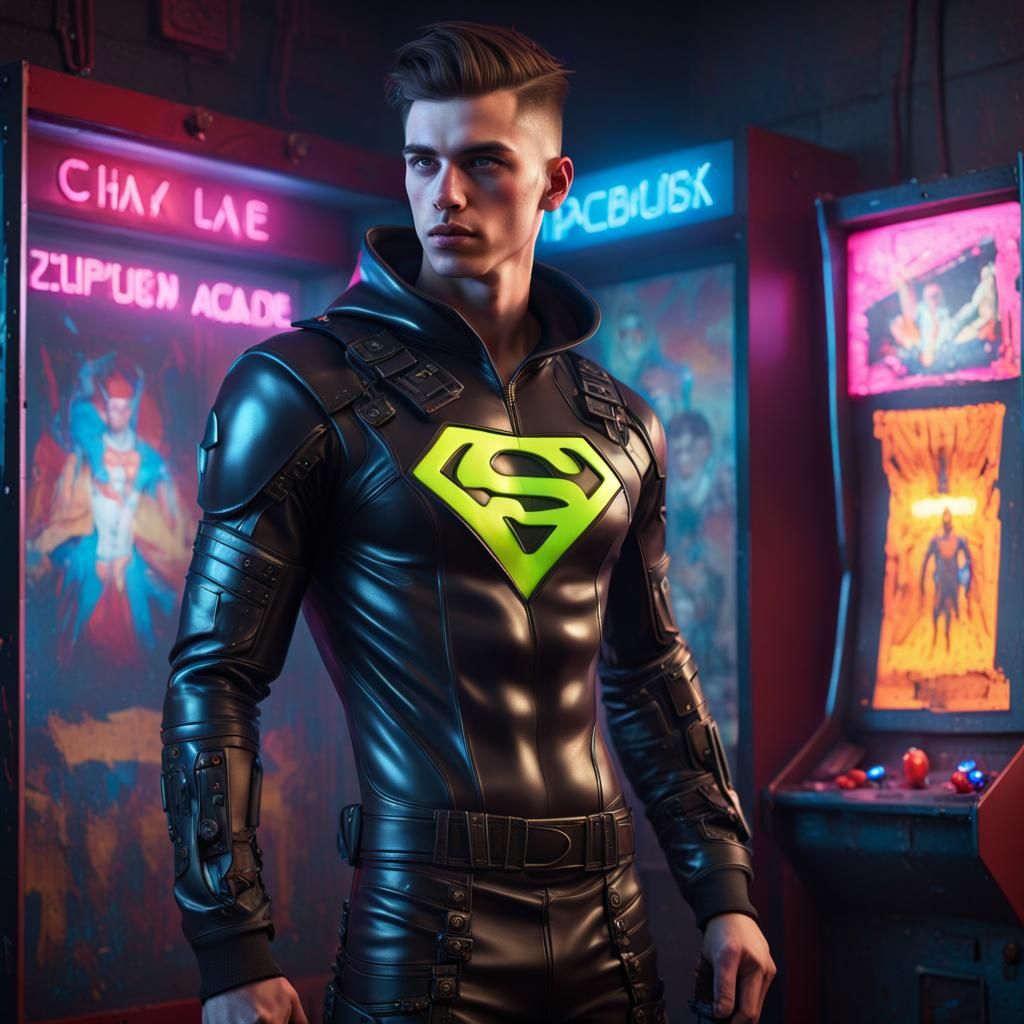British Lad Superhero in Cyberpunk Arcade