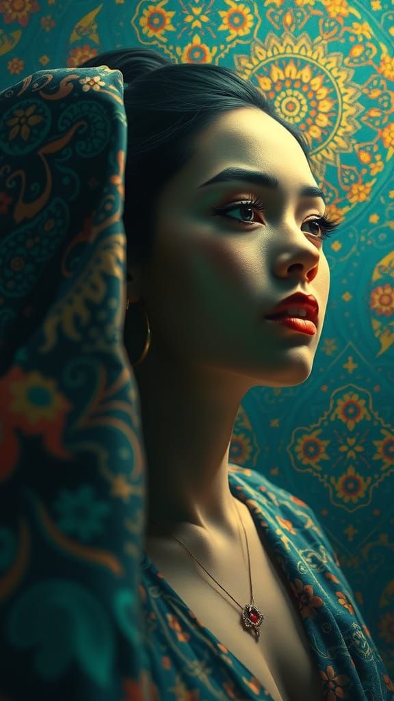 Ethereal Goddess in Vibrant Batik Patterns