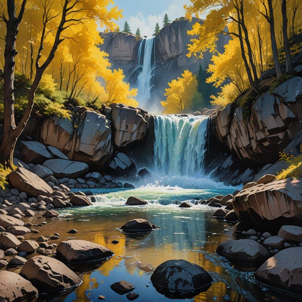 Vibrant Waterfall Scene in Gouache Style with Impasto Textur...
