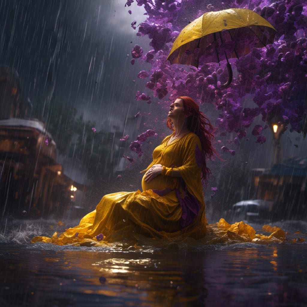 Pregnant Woman Giving Birth in Storm, Hyperreal Art