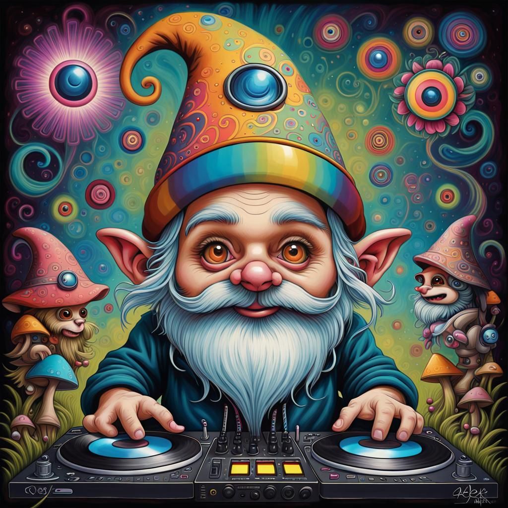 Gnome DJ at Psychedelic Rave Art Print
