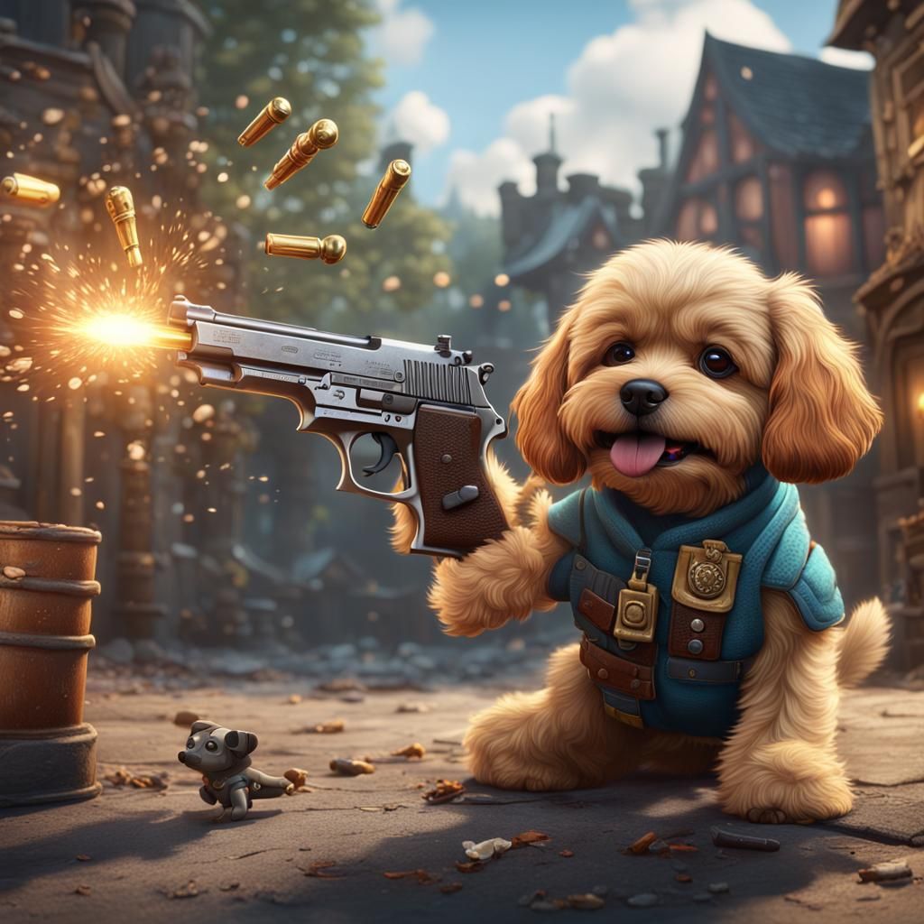 Dog Targeted by Pistol in Detailed Fantasy Painting