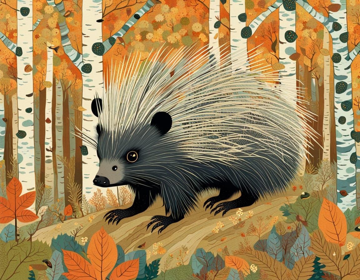 Porcupine in a Vibrant Autumn Birch Forest