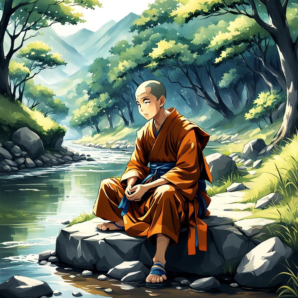 Cute Monk by the River in Anime Style