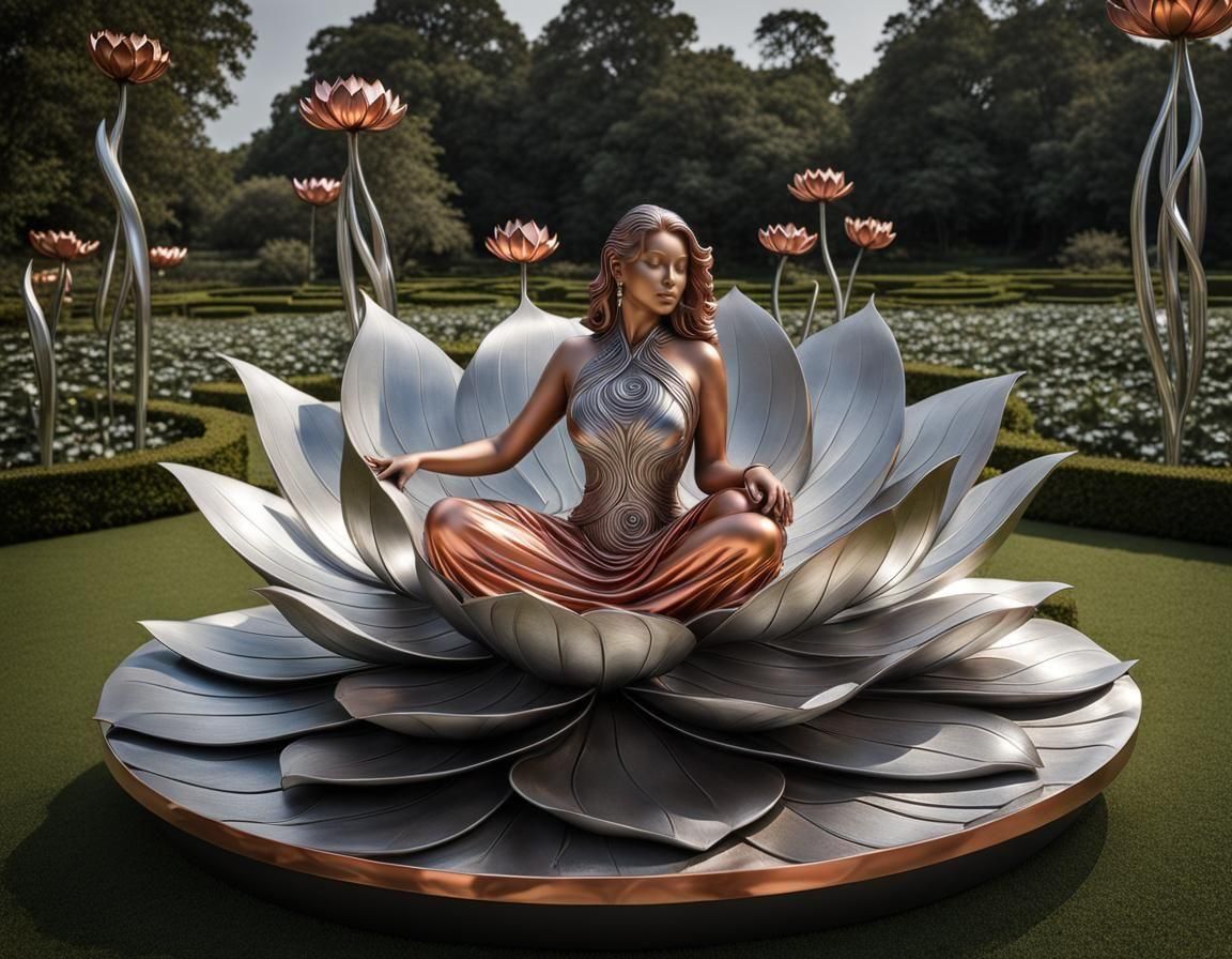 Silver and Copper Lotus Flower Sculpture